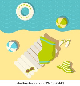 Summer swimming square shaped beach vacation background and beach accessories vector