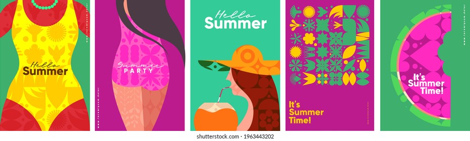 Summer. Swimsuit, girl, watermelon, coconut. Set of vector illustrations. Abstract vector background patterns. Perfect background for posters, cover art, flyer, banner.