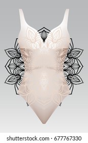 summer swimsuit with modern design beige color mandala ornament.  fashion vector illustration. for design summer cloth. mandala black color background layer