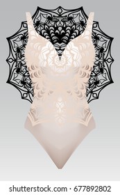 summer swimsuit with modern design beige color mandala ornament.  fashion vector illustration. for design summer cloth. mandala black color background layer