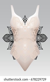 summer swimsuit with modern design beige color mandala ornament.  fashion vector illustration. for design summer cloth. mandala black color background layaer