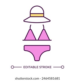 Summer swimsuit RGB color icon. Summer fashion. Stylish beachwear. Women's swimwear and hat. Beach vacation. Isolated vector illustration. Simple filled line drawing. Editable stroke
