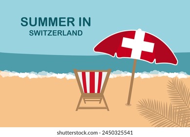 Summer in Switzerland, beach chair and umbrella, vacation or holiday in Switzerland, vacation concept vector design, summer holiday, sea sand sun, travel and tourism idea