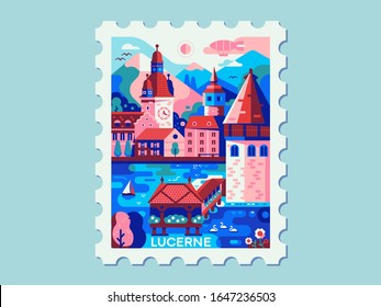 Summer Switzerland travel stamp inspired by Lucerne landscape. Vertical swiss postal mark with old town on lake, Alps mountains, clock tower, swans and wooden bridge. Spring city sticker.