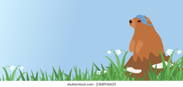 Summer symbol Groundhog Day celebration template. Groundhog Day template with cute marmot and text space