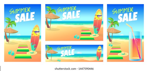 Summer symbol Set Sun, Sky, Beach, Surfboard Banner Flyer Sale Promotion flyer web banner design template advertising presentation bright cheerful