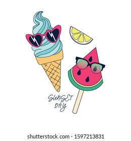 Summer symbol t-shirt design.Ice cream, fruit, sunglasses vector print.Funny graphic design.Retro sunglasses, ice cream, watermelon illustration.
