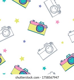 Summer symbol t-shirt design.Camera and star vector print.Camera drawing.Funny graphic design.Retro  illustration.