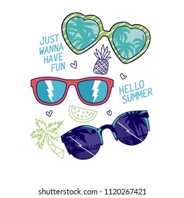 Summer symbol t-shirt design.Sunglasses and palm tree vector print.Funny graphic design.Retro sunglasses vector illustration.