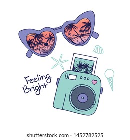 Summer symbol t-shirt design.Sunglasses and palm tree vector print.Camera drawing.Funny graphic design.Retro sunglasses, camera  illustration.