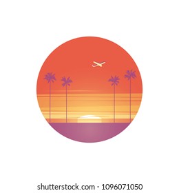 Summer symbol vector with airplane flying above beach with palm trees in sunset. Eps10 vector illustration.