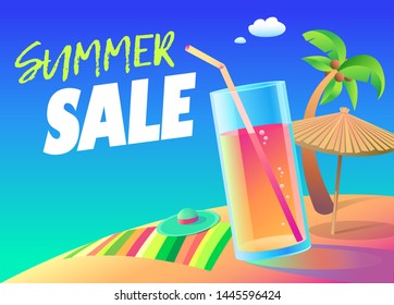 Summer symbol_Sun Sky Beach Banner Flyer Sale Juice glass of drink. flyer web banner design template advertising presentation bright cheerful