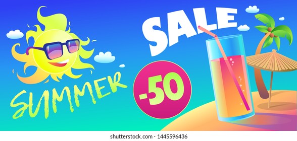 Summer symbol_Sun Sky Beach Banner Flyer Sale Juice glass of drink. flyer web banner design template advertising presentation bright cheerful