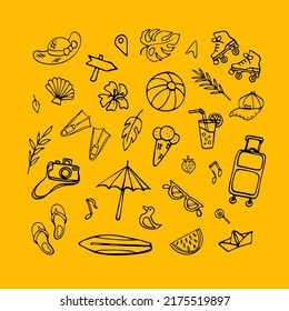 Summer symbols doodle collection. Various vacation objects, cartoon sketch, resort theme. Hand drawn design elements, social media stickers, prints for diary or memo notes etc