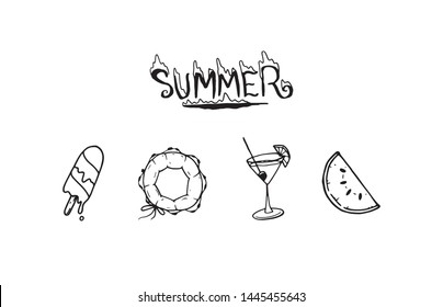 Summer symbols and letters text outline silhouette illustration. Beach party objects and stuff. Cartoon vacation icons set collection. Sea coast advertising card. Cute trendy season motive drawing.