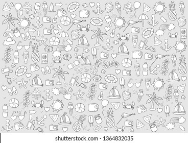 summer symbols and objects a concept of balancing life holiday at sea, drawing by hand vector.