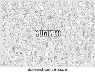 summer symbols and objects a concept of balancing life holiday at sea, drawing by hand vector.