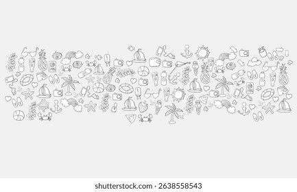 summer symbols and objects a concept of balancing life holiday at sea, drawing by hand vector.
