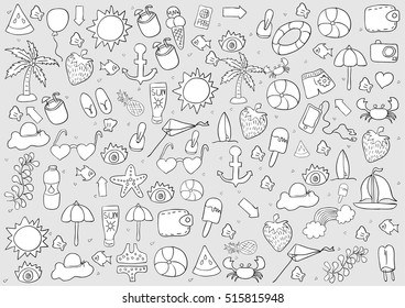 summer symbols and objects., drawing by hand vector.