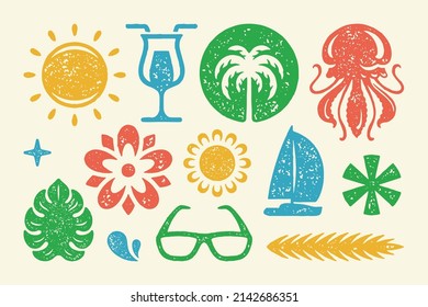 Summer symbols and objects set vector illustration. Tropical sun with palm tree and blossoming flower. Sunglasses with leaf and drops. Abstract stars with cool cocktail. Vector flat illustration
