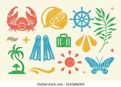 Summer symbols and objects set vector illustration. Cut lemon wedges and bright sun for pleasant stay. Fins for diving in ocean and beautiful butterfly flying with branch. Vector flat illustration