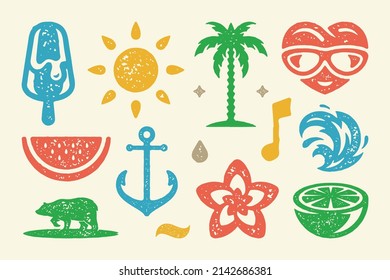 Summer symbols and objects set vector illustration. Abstract heart in glasses with sea wave and slice lime. Drop of water with anchor and flower. Note of joy with ice cream. Vector set illustration