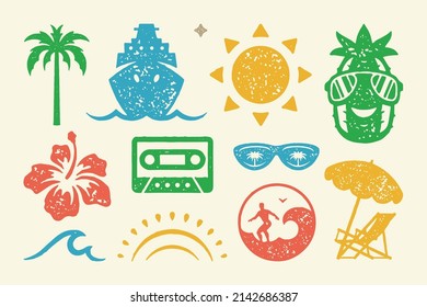 Summer symbols and objects set vector illustration. Bright warm sun illuminates and blossoming flower. Wave with umbrella and sunbed. Vintage audio cassette for beach fun.