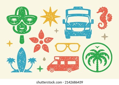 Summer symbols and objects set vector illustration. Seahorse with tropical island and palm trees. Camping machine with blossoming flower and glasses. Symbols of bright stars and drop. Vector set 