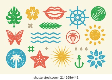 Summer symbols and objects set vector illustration. Joyful lips smile with bright sun and tropical leaves. Butterfly and starfish. Steering wheel and ships anchor with raindrops.