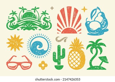 Summer symbols and objects set vector illustration. Bright symbol of rising sun with palm tree and umbrella. Ripe pineapple and pears for cool cocktail. Sunglasses with summer cactus. Vector set