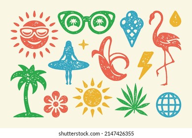 Summer symbols and objects set vector illustration. Flamingo with cone refreshing ice cream. Cannabis leaf symbol for relaxation. Silhouette of woman with lifebuoy. Vector flat illustration