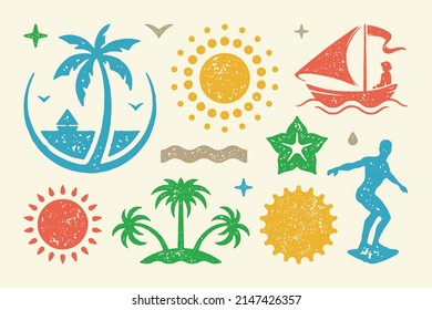 Summer symbols and objects set vector illustration. Bright sun and female silhouette of boat. Surfer on board with blossoming flower and wave. Symbols of stars and drops. Vector flat illustration