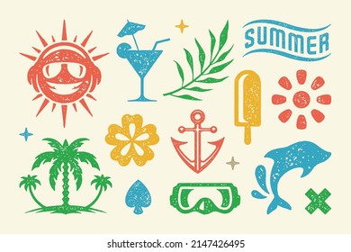 Summer symbols and objects set vector illustration. Triple palm tree on island with flower and old anchor. Jumping dolphin with diving mask and popsicle ice cream. Symbols of stars. Vector collection