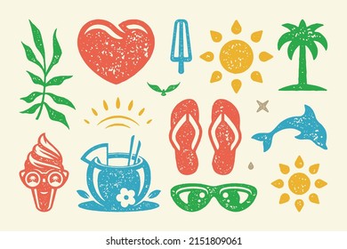 Summer symbols and objects set vector illustration. Glamorous slippers with blooming palm tree and dolphin spinning out. Smiling ice cream in sunglasses with lush twig. Vector flat collection