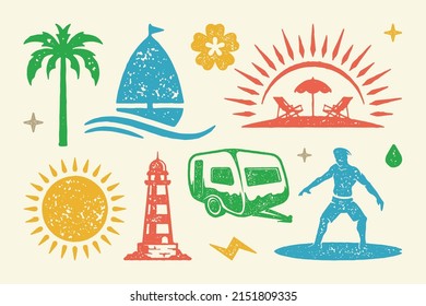 Summer symbols and objects set vector illustration. Coastal lighthouse with camping trailer and bright sunshine. Surfer on board and beach with sun loungers and umbrella. Vector flat illustration