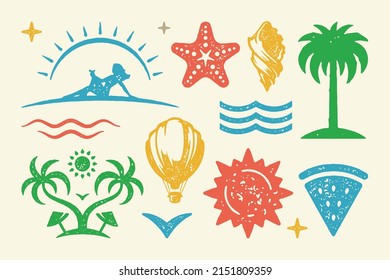 Summer symbols and objects set vector illustration. Island with double palm tree and umbrellas with vintage airship. Twisted shell with starfish and water symbol. Vector flat set