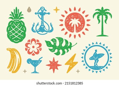 Summer symbols and objects set vector illustration. Ripe pineapple with summer cocktail and blooming flower. Symbols of lightning and stars with bunch bananas. Print with surfer man. Vector collection