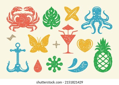 Summer symbols and objects set vector illustration. Cocktail with umbrella and ripe pineapple. Old ship anchor with butterfly and drop of juice. Symbols with crossed surfboards and heart. 