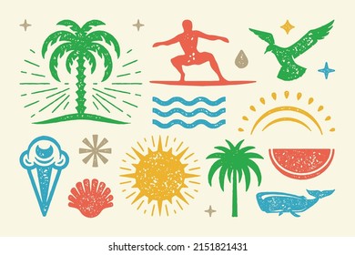 Summer symbols   objects set vector illustration  Cold ice cream cone and watermelon wedge   seashell  Tropical bright palm island and rising sun   sperm whale  Vector flat collection