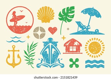 Summer symbols and objects set vector illustration. Tropical sunbed under umbrella and sun with sea ship. Reed hut with water and bright anchor. Heart symbols with waves and stars. 