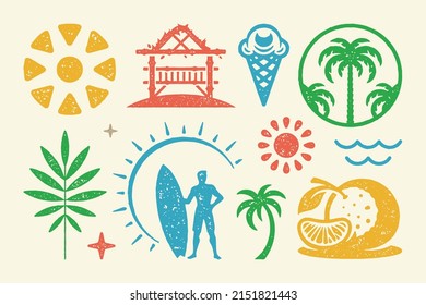 Summer symbols and objects set vector illustration. Orange with slice and palm grove. Tropical plant sprig with stars and waves symbols. Ice cream cone. Vector flat illustration