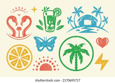 Summer symbols and objects set vector illustration. Glass of lemonade with beautiful butterfly. Hut on tropical island with half lemon. Abstract lightning and heart symbols. Vector flat collection