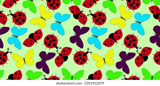 Summer symbols seamless pattern - Colorful background of butterflies and ladybugs. Flying ladybirds with colorful butterflies - vector illustration.