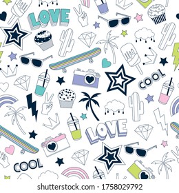 Summer symbols seamless pattern.Skateboard, sunglasses, palm, star, drink, ice cream, camera, cactus, cupcake drawing.Fun repeat pattern. Summer symbol vector print.