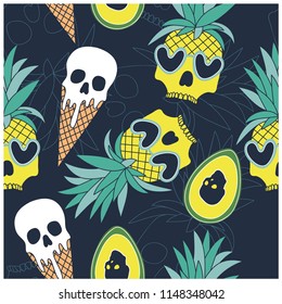 Sommersymbole nahtlose muster.skull, Ananas, Eis, Avocado, Vektordruck.Fruit Wiederholmuster.