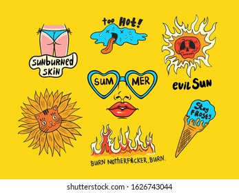 summer symbols  stickers: melted ice cream  sun  sunburn  heat  flower