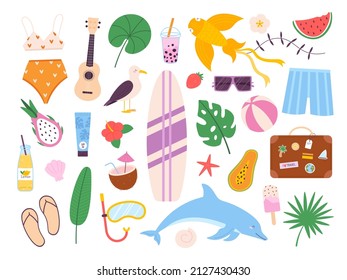 Símbolos de verano pegatinas, tablas de surf, sandías y bolsas de viaje. Balón de playa, gaviota, bebidas, protector solar y guitarra. Juego de vectores de iconos de vacaciones. Ilustración del verano pegatina sandía y sol