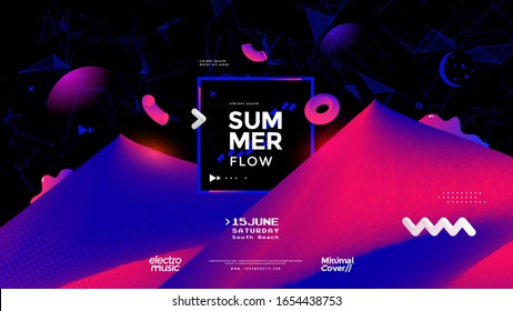 Summer synth retro wave poster with mountain and geometric shapes. Sci-Fi futuristic background in 80s style. Electronic Music festival flyer of the 80s.