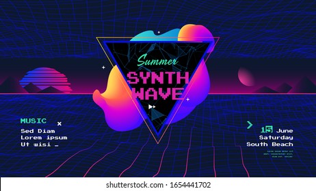 Summer synth Retro wave poster with sunrise. Sci-Fi futuristic background in 80s style. Electronic Music Neon flyer of the 80s.