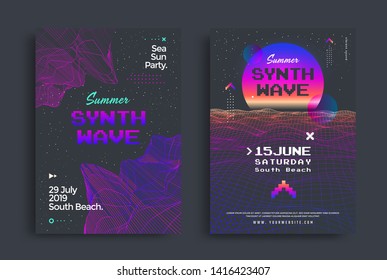 Summer synthwave party set of posters with grid wave. Cover in vaporwave style. Electronic Music Neon flyer of the 80s.